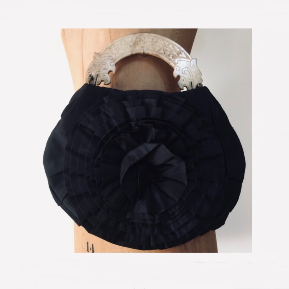 raw silk evening black silk purse w/ stone handle